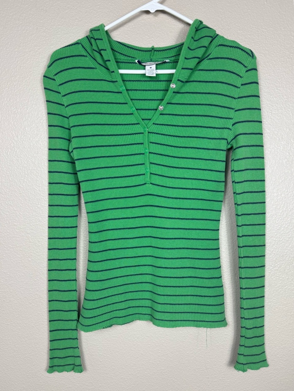 Vtg Aeropostale Y2K Hooded Green Long Sleeve waffle knit Henley pullover Top H
